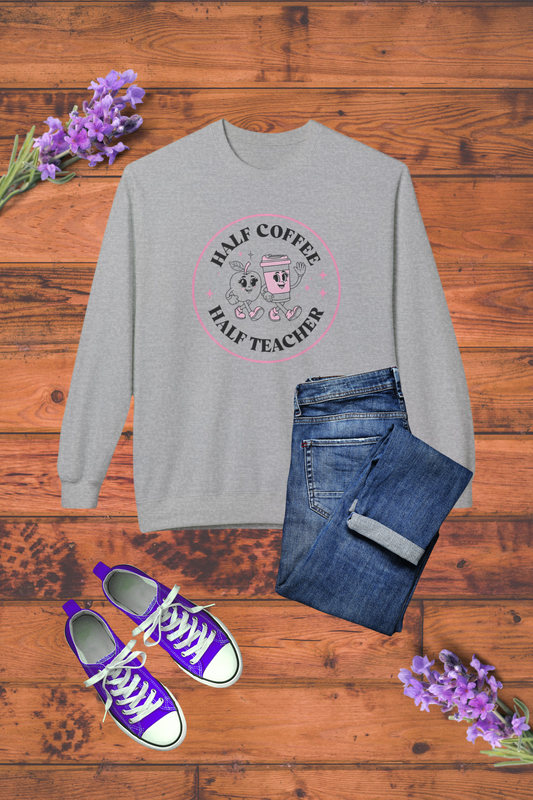 Half Coffee Half Teacher Crewneck Sweatshirt - Cozy Gift for Educators